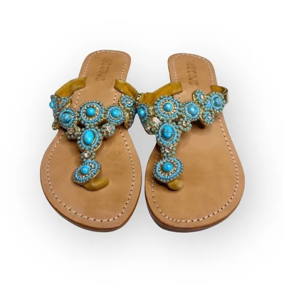 Mystique ☀︎︎ Caribbean Larimar Turquoise Crystal Bead Sandals ☀︎︎ Handmade ☀︎︎7M