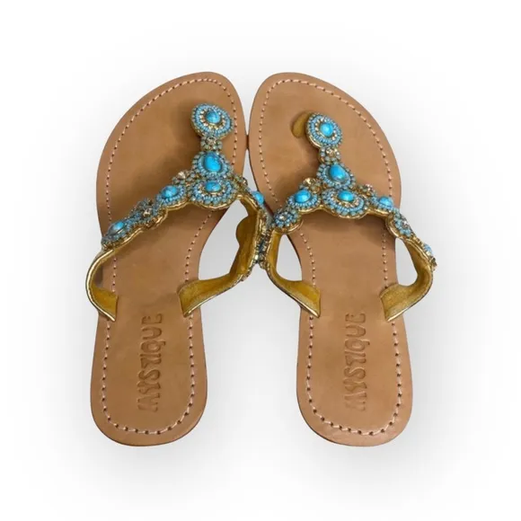 Mystique ☀︎︎ Caribbean Larimar Turquoise Crystal Bead Sandals ☀︎︎ Handmade ☀︎︎7M
