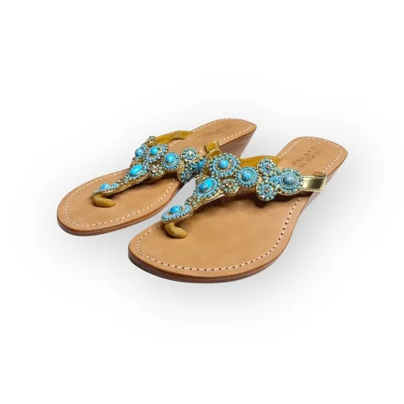 Mystique ☀︎︎ Caribbean Larimar Turquoise Crystal Bead Sandals ☀︎︎ Handmade ☀︎︎7M