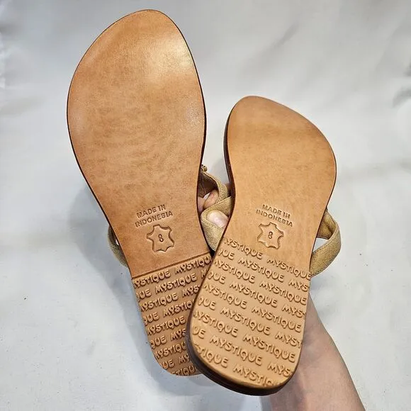 Mystique Womens Leather Thong Flip Flop Sandals Size 8 Tan Embellished Summer
