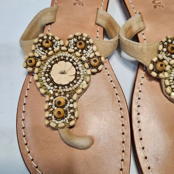 Mystique Womens Leather Thong Flip Flop Sandals Size 8 Tan Embellished Summer