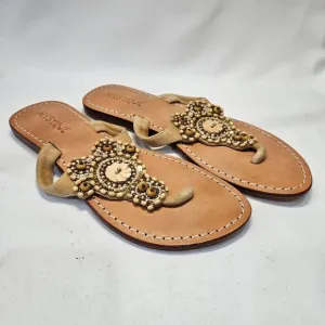 Mystique Womens Leather Thong Flip Flop Sandals Size 8 Tan Embellished Summer