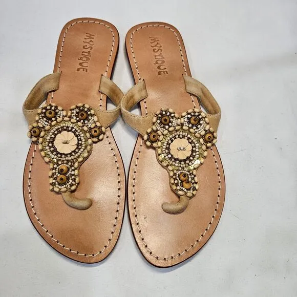 Mystique Womens Leather Thong Flip Flop Sandals Size 8 Tan Embellished Summer