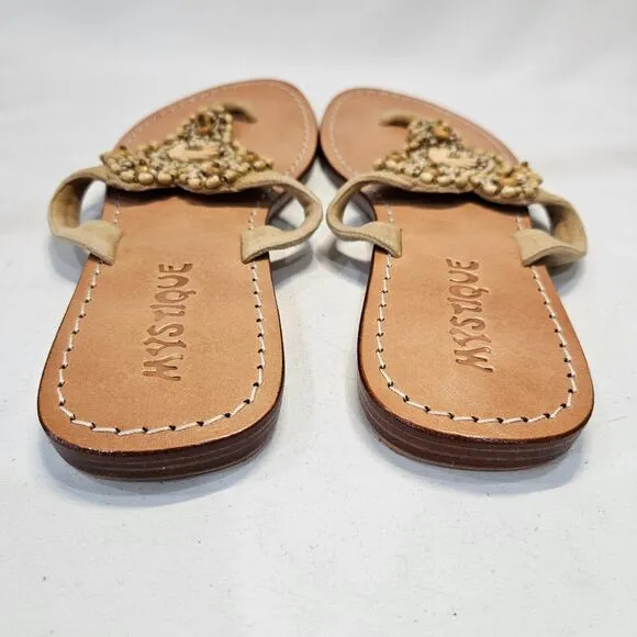 Mystique Womens Leather Thong Flip Flop Sandals Size 8 Tan Embellished Summer