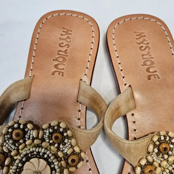 Mystique Womens Leather Thong Flip Flop Sandals Size 8 Tan Embellished Summer
