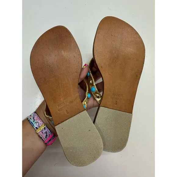 Mystique Womens Sandals Size 6 Gold Leather Beaded Thong Flip Flops Flats