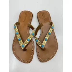 Mystique Womens Sandals Size 6 Gold Leather Beaded Thong Flip Flops Flats