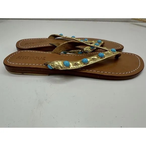 Mystique Womens Sandals Size 6 Gold Leather Beaded Thong Flip Flops Flats