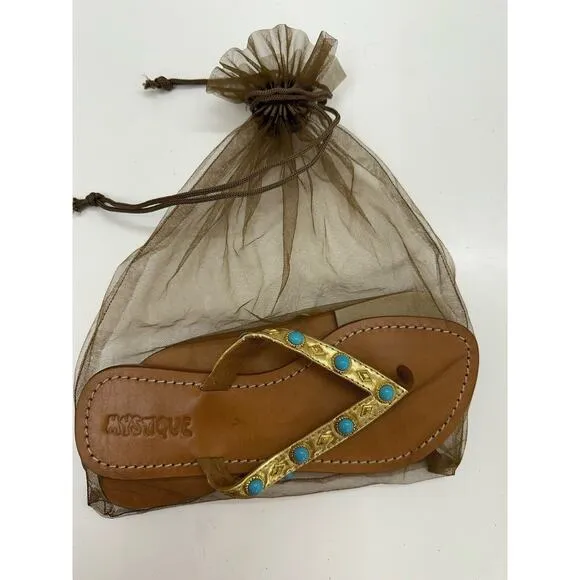 Mystique Womens Sandals Size 6 Gold Leather Beaded Thong Flip Flops Flats