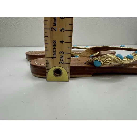 Mystique Womens Sandals Size 6 Gold Leather Beaded Thong Flip Flops Flats