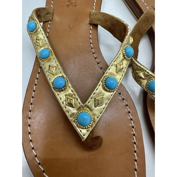 Mystique Womens Sandals Size 6 Gold Leather Beaded Thong Flip Flops Flats