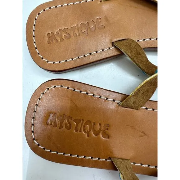 Mystique Womens Sandals Size 6 Gold Leather Beaded Thong Flip Flops Flats