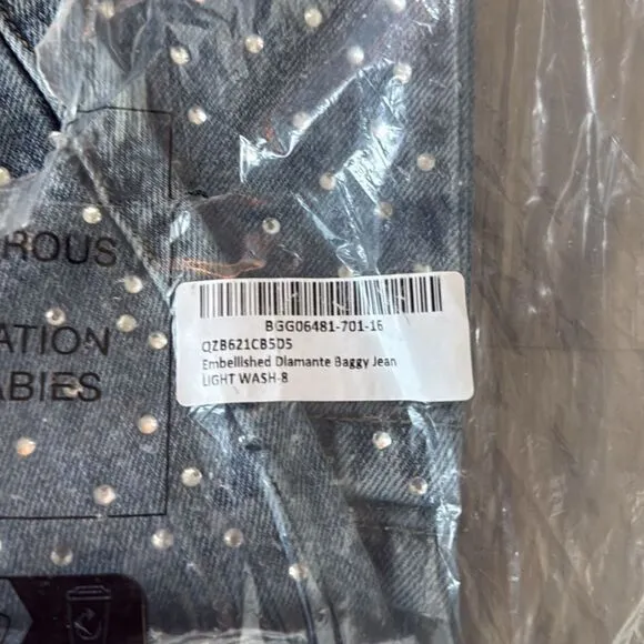 Nasty Gal Embellished Diamante Wide Leg Baggy Denim Jeans Light Wash Size 4 NWT
