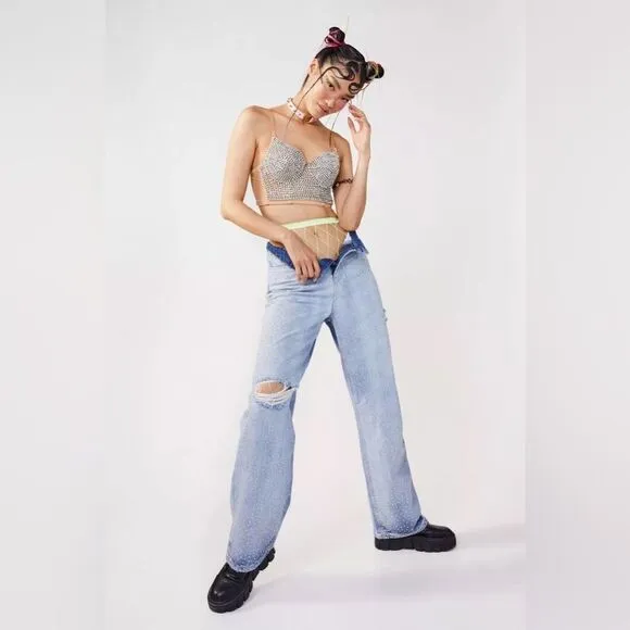 Nasty Gal Embellished Diamante Wide Leg Baggy Denim Jeans Light Wash Size 4 NWT