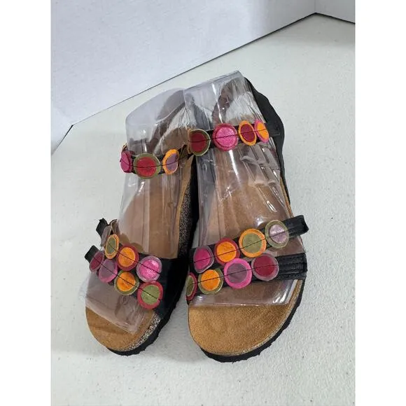 NEW!! &quot;THINK&quot; Leather Gladiator Sandals Dots Hook &amp; Loop Straps Artsy Open Toe