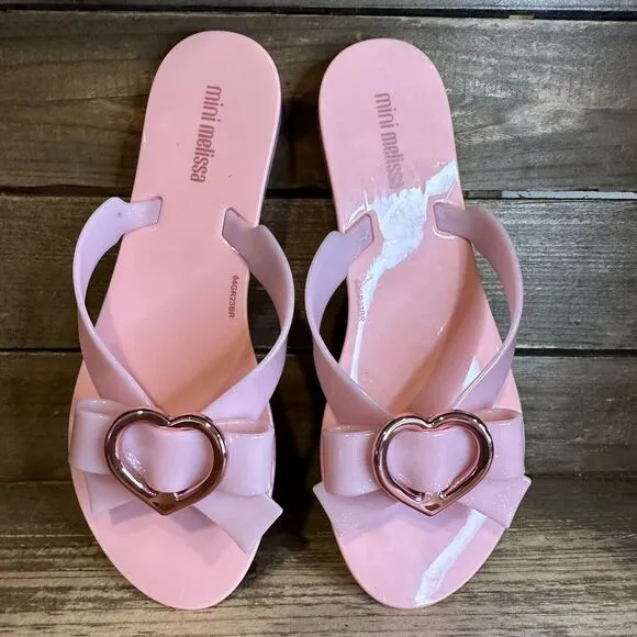 New Big Kids Mini Melissa Harmonic Pink Jelly Heart Thong Flip Flops Sandals 2 Y