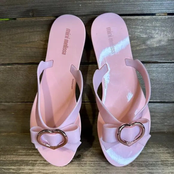 New Big Kids Mini Melissa Harmonic Pink Jelly Heart Thong Flip Flops Sandals 4 Y