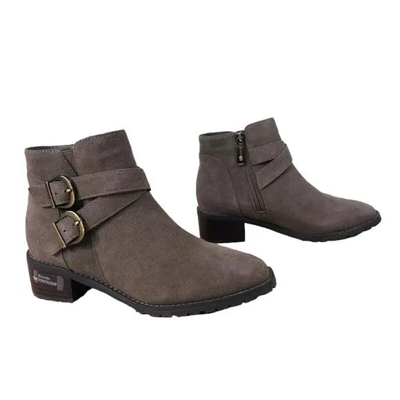 NEW Blondo Dark Taupe Green Suede Stacy Buckle Side Zip Waterproof Bootie 7.5