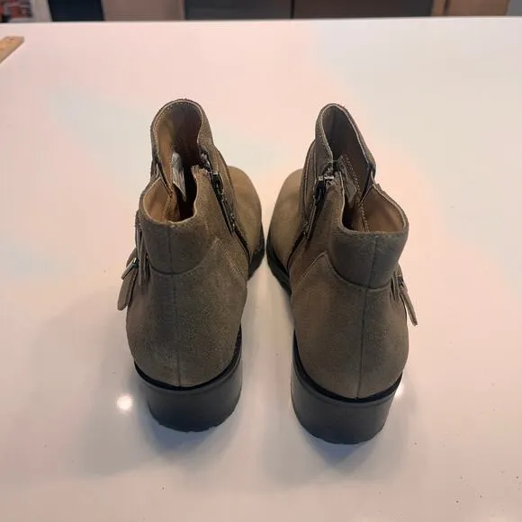 NEW Blondo Dark Taupe Green Suede Stacy Buckle Side Zip Waterproof Bootie 7.5