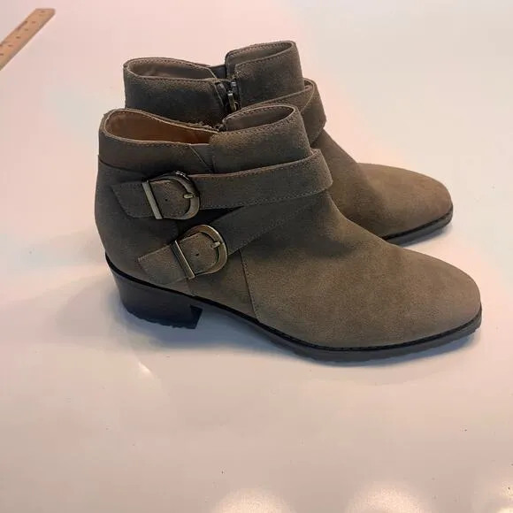 NEW Blondo Dark Taupe Green Suede Stacy Buckle Side Zip Waterproof Bootie 7.5