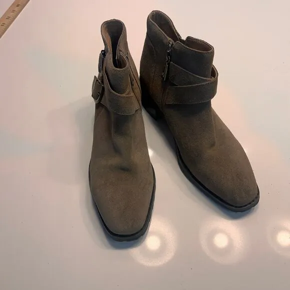 NEW Blondo Dark Taupe Green Suede Stacy Buckle Side Zip Waterproof Bootie 7.5