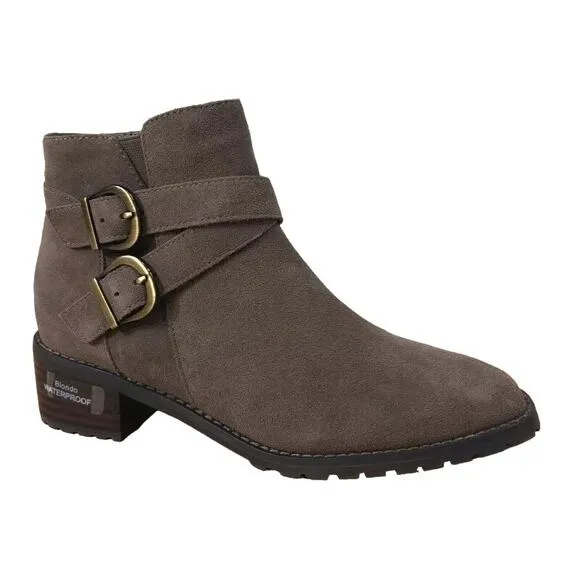 NEW Blondo Dark Taupe Green Suede Stacy Buckle Side Zip Waterproof Bootie 7.5