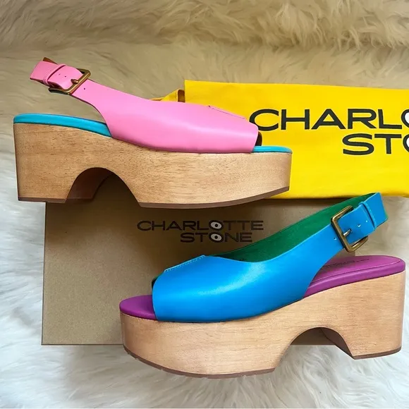 New! CHARLOTTE STONE Cedric Colorblock Platform Sandals Clogs in Cabana