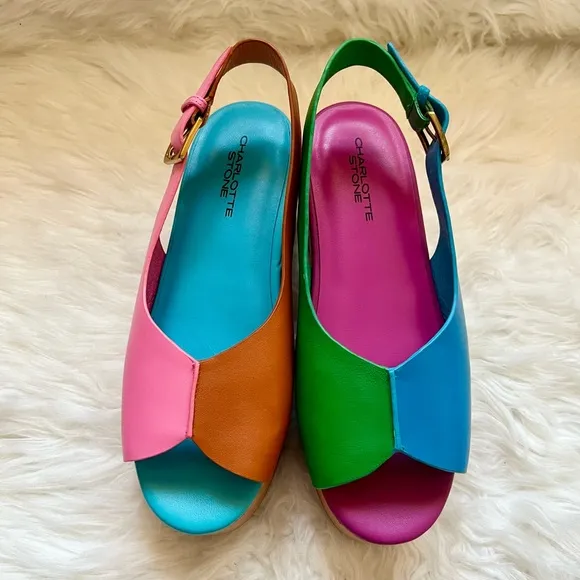 New! CHARLOTTE STONE Cedric Colorblock Platform Sandals Clogs in Cabana