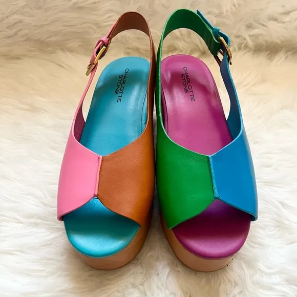 New! CHARLOTTE STONE Cedric Colorblock Platform Sandals Clogs in Cabana