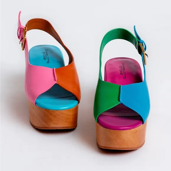 New! CHARLOTTE STONE Cedric Colorblock Platform Sandals Clogs in Cabana