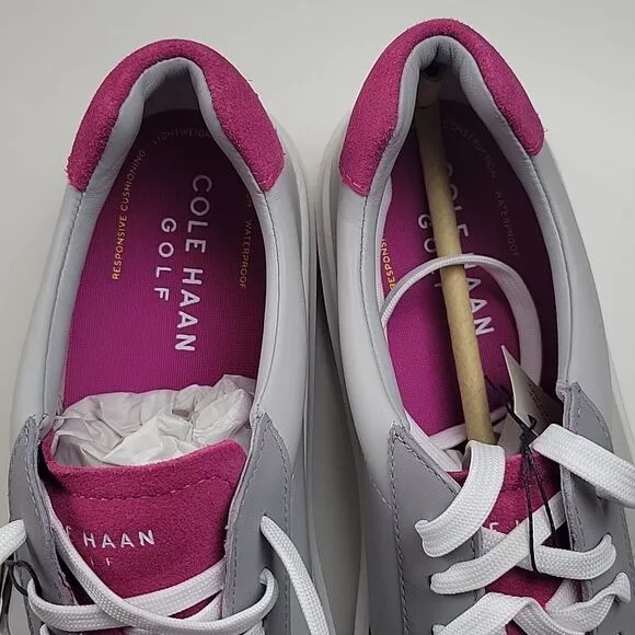 NEW COLE HAAN GRAND 360 WATERPROOF GRAY LEATHER PINK LACE UP GOLF SNEAKERS SHOES