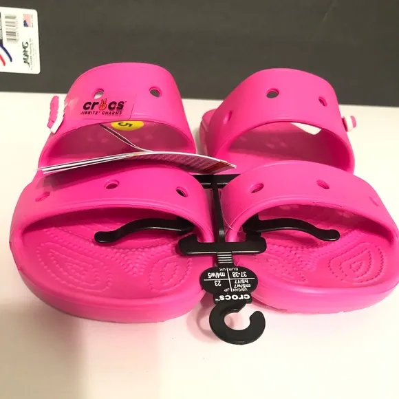 NEW CROCS Classic Womens Water Sandals Slides Flip Flops Pink Jibbitz Charm Sz 7