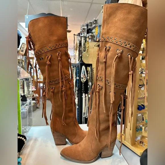 New Dingo Over The Knee Suede Fringe Pull On  Womens Boots DI 268 Size 6.5