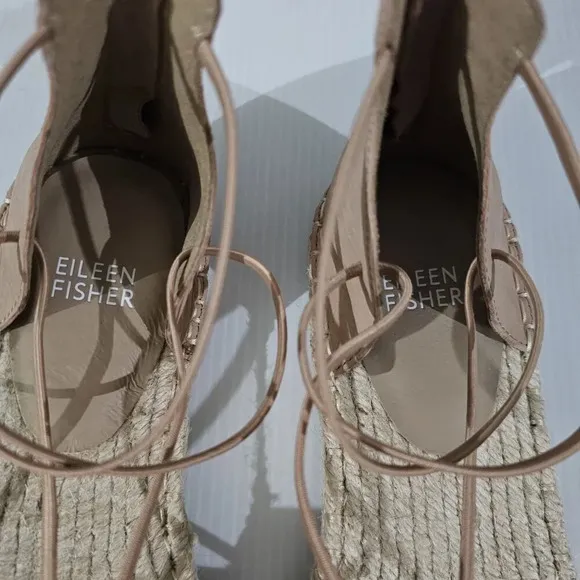 NEW Eileen Fisher Lace Up Flat Espadrille Sandal Beige Leather 9.5