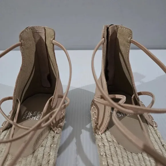 NEW Eileen Fisher Lace Up Flat Espadrille Sandal Beige Leather 9.5