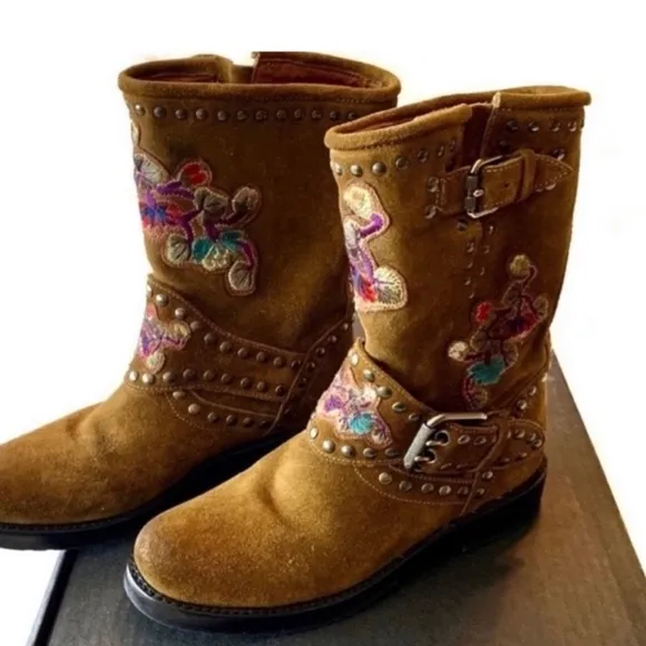 NEW Frye  Embroidered Brown Suede Ankle Boots