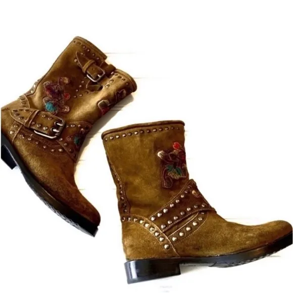 NEW Frye  Embroidered Brown Suede Ankle Boots