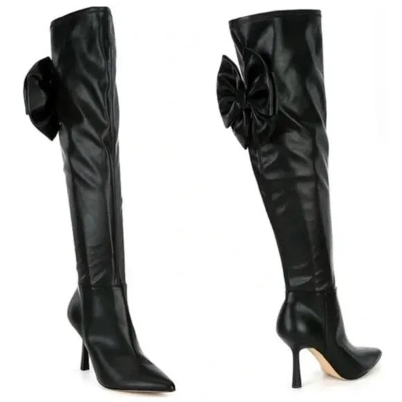 NEW Gianni Bini Delilah Bow Back Stretch Over-the-Knee Boots in Black