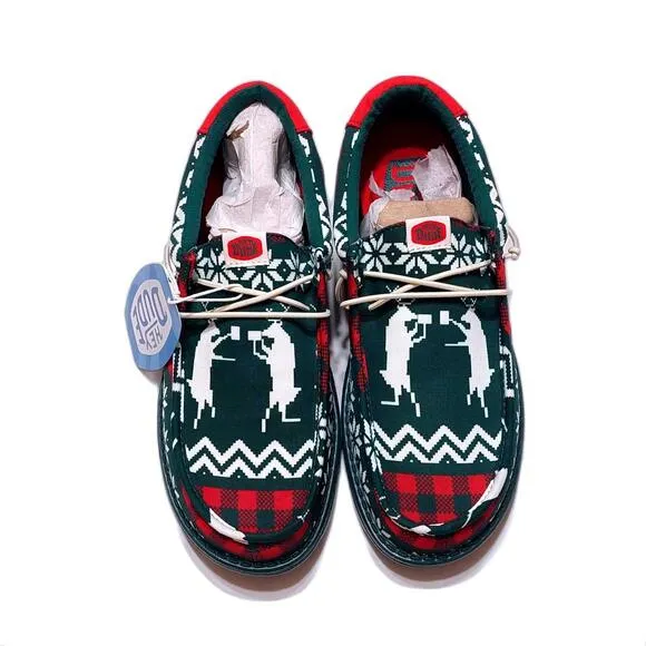 NEW HEY DUDE WALLY HOLIDAY CHEERS SLIP ON SHOES GREEN MULTI MENS‎ 8