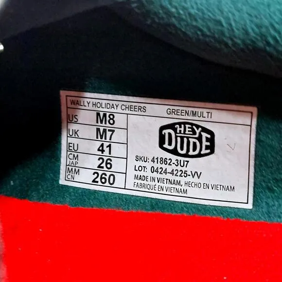 NEW HEY DUDE WALLY HOLIDAY CHEERS SLIP ON SHOES GREEN MULTI MENS‎ 8