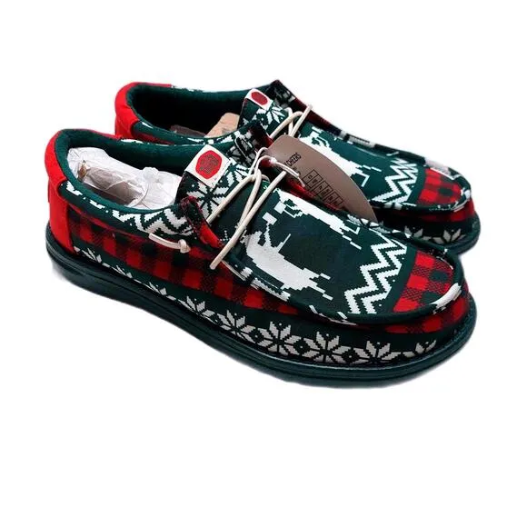 NEW HEY DUDE WALLY HOLIDAY CHEERS SLIP ON SHOES GREEN MULTI MENS‎ 8