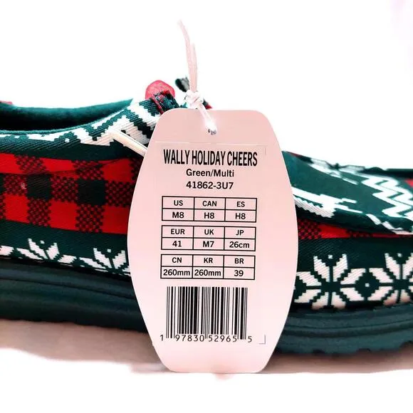 NEW HEY DUDE WALLY HOLIDAY CHEERS SLIP ON SHOES GREEN MULTI MENS‎ 8