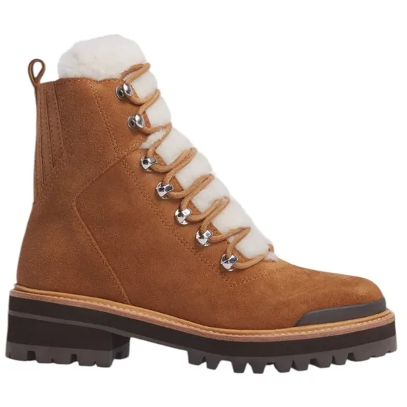 New MARC FISHER LTD Izzie Genuine Shearling Lug Sole Boots Dk Brown Suede Sz 9