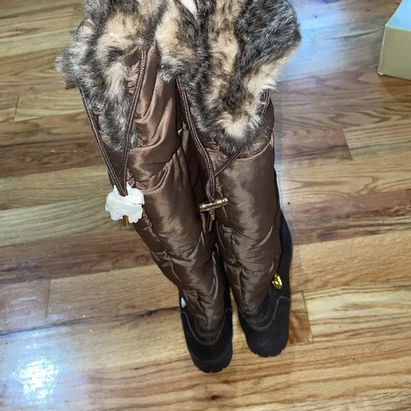 NEW Michael Kors Women's Brandy Snow Boot Tall Leather Boots  Faux Fur 10 Bronze