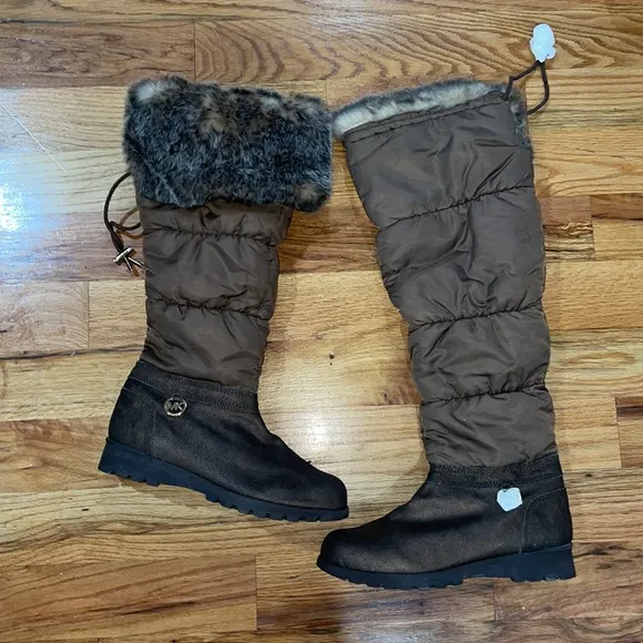 NEW Michael Kors Women's Brandy Snow Boot Tall Leather Boots  Faux Fur 10 Bronze
