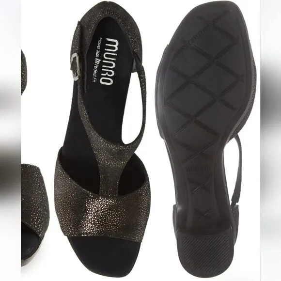 New Munro Women's Violet T-Strap Sandal Black Metallic Gold Print 7.5