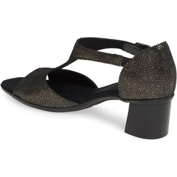New Munro Women's Violet T-Strap Sandal Black Metallic Gold Print 7.5