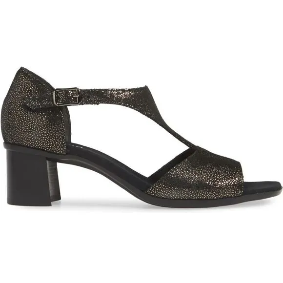 New Munro Women's Violet T-Strap Sandal Black Metallic Gold Print 7.5