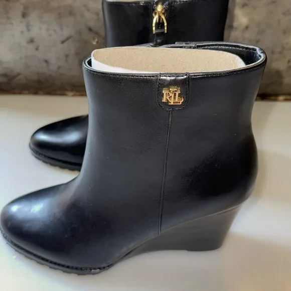 NEW Ralph Lauren Black Wedge Ankle Boot In Size 6