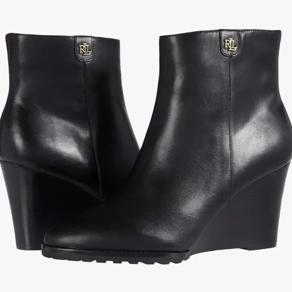 NEW Ralph Lauren Black Wedge Ankle Boot In Size 6
